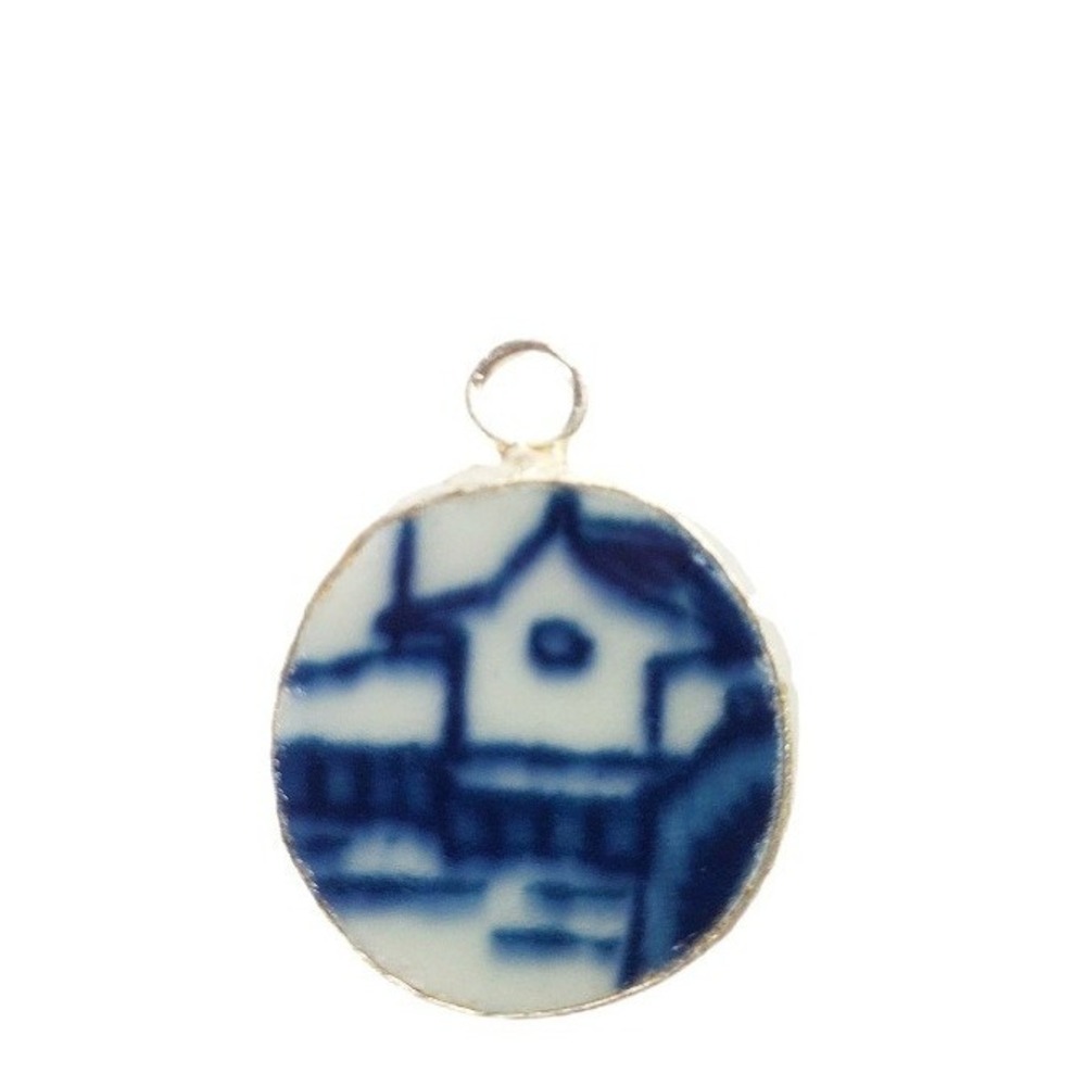 Blue & White Little Birdhouse Chinoiserie Willow China Pottery Shard Pendant‎
